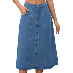 Women's Denim Skirt Button Down Front Pockets A Line Jean Skirts Blue